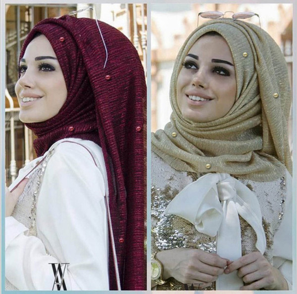 Hot style Muslim headscarf plain Arabic scarf with beaded Muslim head scarf with gold frilled edge