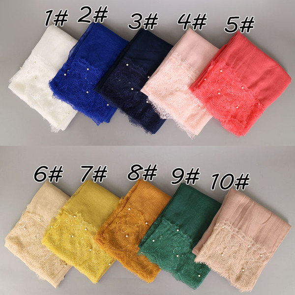 women lace pearl cotton shawls solid color long muslim hijab wrap headband muffler scarves/scarf 20 colors 190*100cm YW50