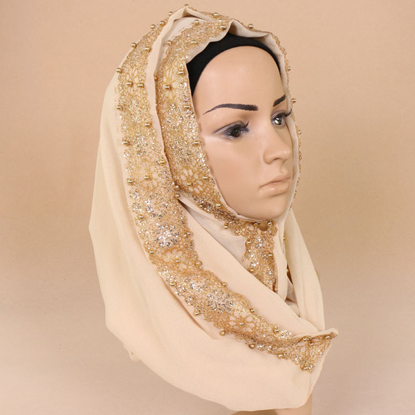 women chiffon silk gold beads glitter plain scarf shimmer hijab muslim pearl nice 9 color scarves/shawls 180*85cm YW61