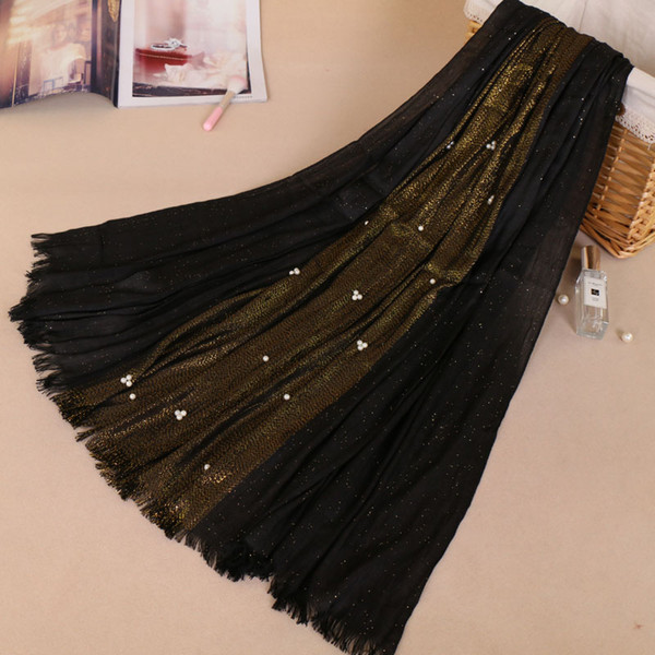 Gold solid fringed scarf thread with gold shimmer pearls cotton Shawl women plain wraps shawl muslim arab musilm hijabs 20pcs BS523