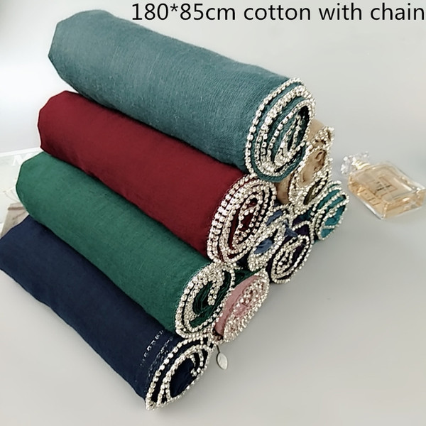 Fashion Women Scarf Maxi Veils Muslim Hijabs Plain Cotton with Chain Shawls Oversize Islamic Head Wraps Lady Long Scarves Pashmina 85*180CM