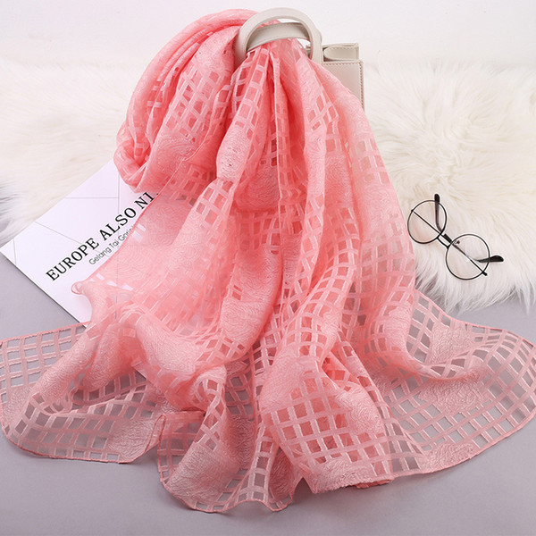 NEW Plain Scarf Hijab Rose Flower Organza Silk Shawl Hollow Grid Fashion Women Scarves Shawls Head Wraps Islamic Muslim Hijabs