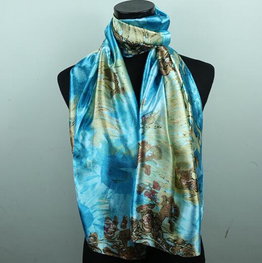 1pcs Brown Totem Blue Ocean Women's Fashion Satin Oil Painting Long Wrap Shawl Beach Silk Scarf 160X50cm