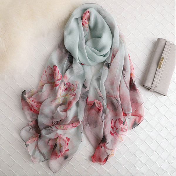 Guttavalli Woman Fashion Lotus Flower Long Wrinkle Silk Scarf Spring Sunscreen Geometric Shawl Lady Girl Chevron Floral Scarves