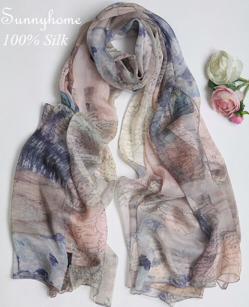 Foulard femme Luxury Brand Silk Scarfs Smoke pink 100%Silk Scarf Map Printing Glitter Shawl Summer British Style Pashminas Wrap