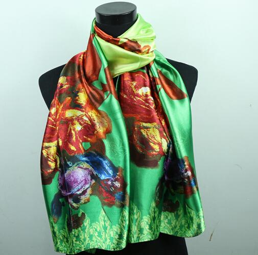 1pcs Red Purple Rose Rose Green Women's Fashion Satin Oil Painting Long Wrap Shawl Beach Silk Scarf 160X50cm