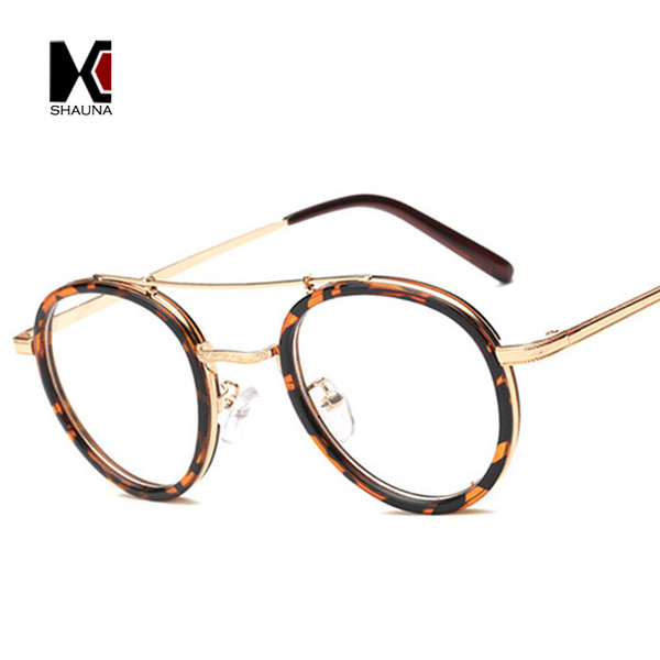 SHAUNA Retro Doule Bridges Women Round Leopard Glasses Frame Vintage Men Clear Lens Eyewear