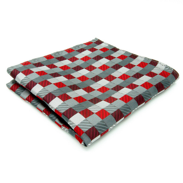 MH2 Pocket Square Hanky Checked Gray Grey Silver Red Crimson Handkerchief Mens Ties Jacquard Woven