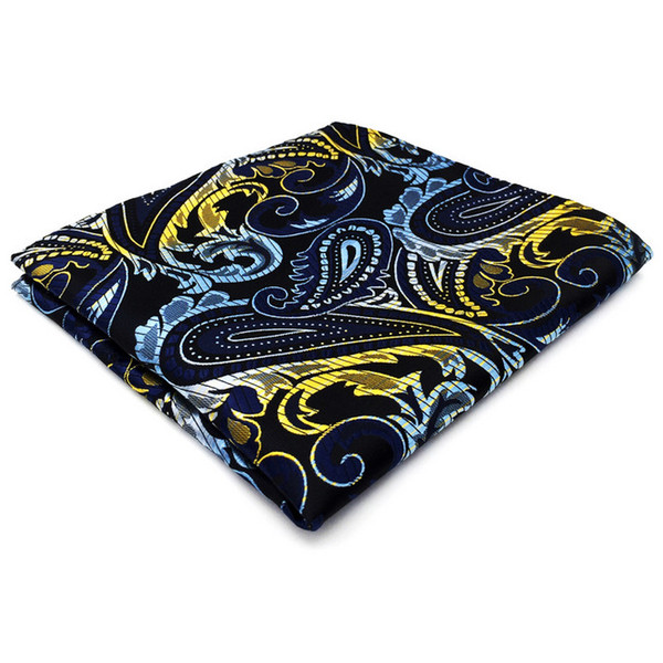 PH15 Paisley Blue Black Yellow Pocket Square Mens Neckties Jacquard Woven