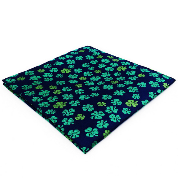 EH18 Blue Green Clover Silk Floral Mens Pocket Square Wedding Novelty Handkerchief Classic Fashion Hanky