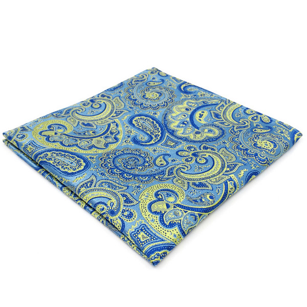 EH8 Azure Yellow Paisley Silk Mens Pocket Square Wedding Classic Handkerchief Classic Novelty Hanky