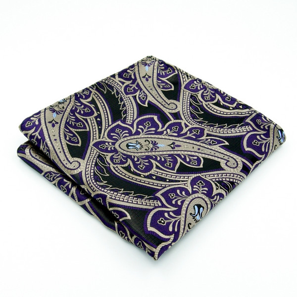 AH30 Black Purple Khaki Paisley Mens Pocket Square Wedding Silk Novelty Handkerchief Classic Fashion Accessory Hanky