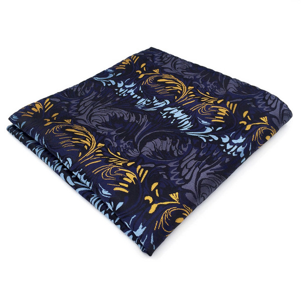 YH15 Navy Gold Light Blue Floral Pattern 100% Silk Jacquard Woven Mens Pocket Square