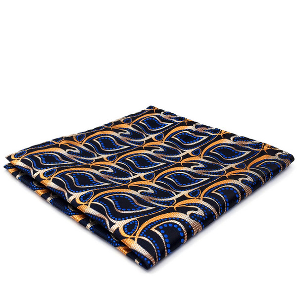 YH13 Navy Wedding Gold Abstract Pattern Silk Handmade Jacquard Woven Fashion Mens Handkerchief