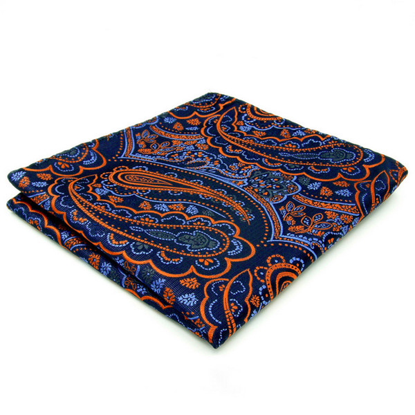 QH8 Handkerchief Paisley Orange Blue Black Pocket Square Mens Neckties Jacquard Woven Hanky