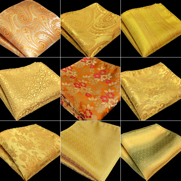 Free Shipping Mens Pocket Square Gold Yellow Orange Paisley Floral Solid Stripes 100% Silk Jacquard Woven Handkerchief Wholesale Brand New