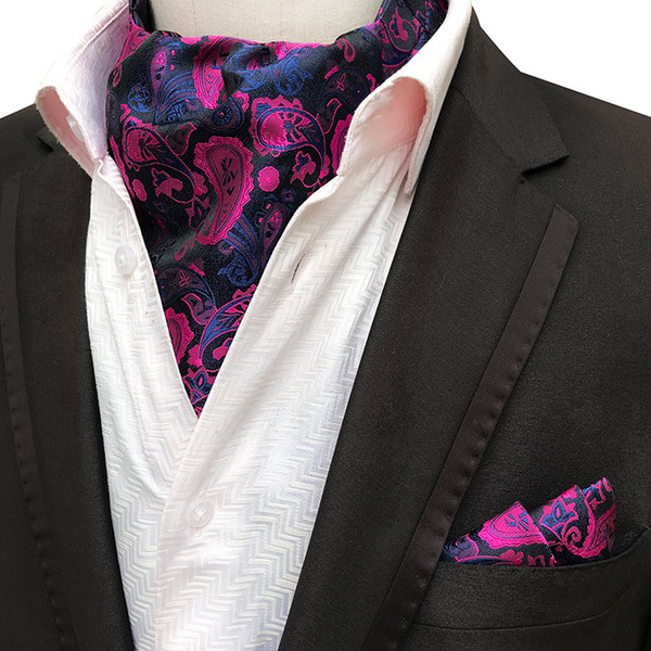 2PCS Men Jacquard Pocket Square Groom Wedding Tuxedo Cravat Ascot Scrunch Banquet Necktie Paisley Silk Neck Tie Handkerchief Set