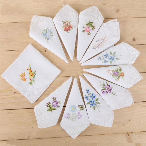 Ladies'cotton embroidered handkerchief with white bottom lace edge and corner embroidered handkerchief pure cotton tea Handkerchiefs C0208