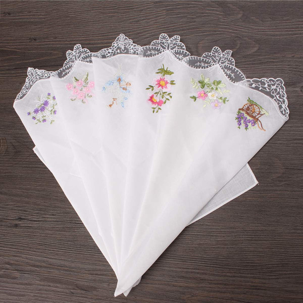 6PCS Vintage Cotton Women Napkin Embroidered Butterfly Lace Flower Hankies Floral Assorted Cloth Portable Ladies Handkerchief