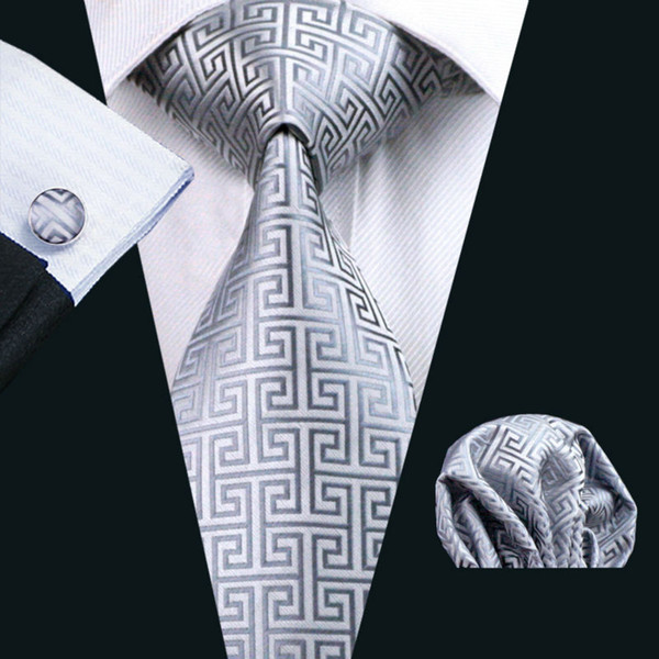 LS-484 Hot Men`s Tie 100% Silk Gray Jacquard Woven Novelty Classic Tie+Hanky+Cufflinks Set For Formal Wedding Business Party