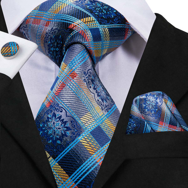 Hi-Tie 2018 New Arrival Men's Necktie 100% Silk Blue Striped Luxury Fashion Design Ties Hanky Cufflinks Set Suit Wedding Party