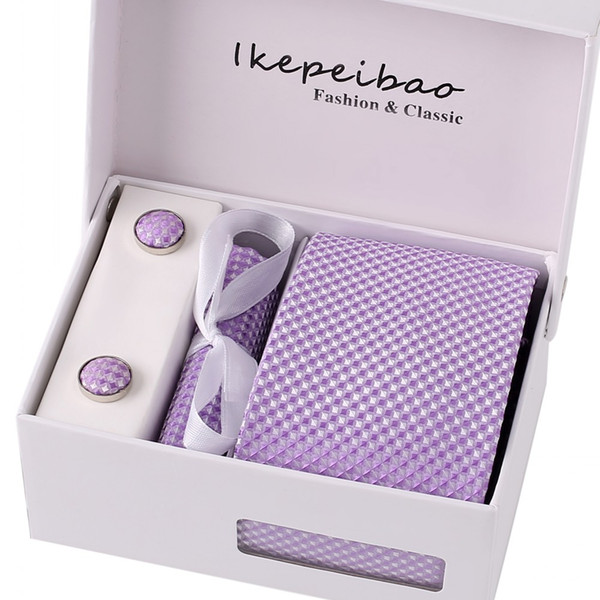 Ikepeibao Custom Brand Men Ties Purple Checked Blue Dots Necktie Sets Cufflinks Hankies with Gift Box Packing