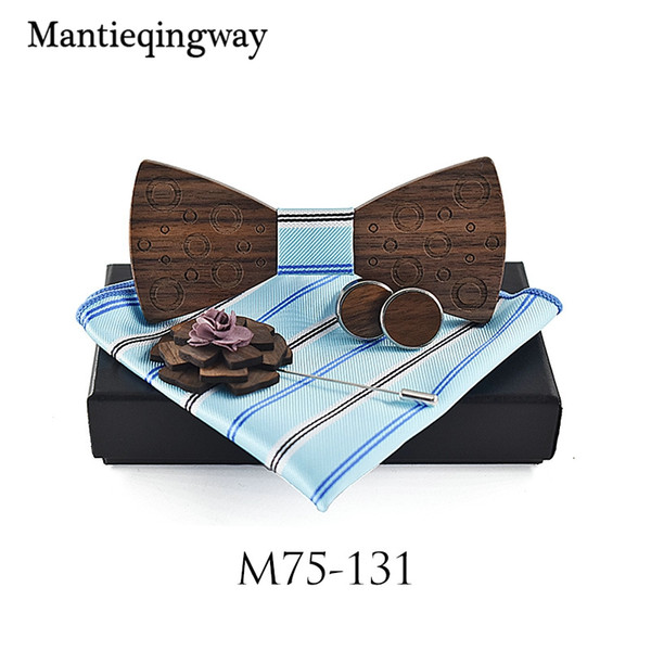 Striped Wood Bowtie+Handkerchief+Brooch+Cufflinks Sets for Mens Wooden Bow Tie Bowknots for Wedding Party Ties