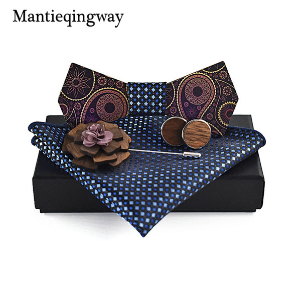 Classic Wood Bowtie+Handkerchief+Brooch+Cufflinks Sets for Mens Suit Wooden Bow Tie Bowknots Wedding Party Ties