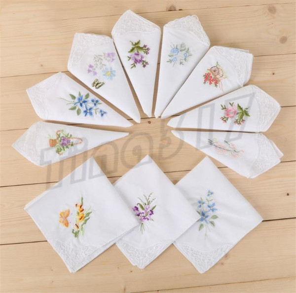 Ladies'cotton embroidered handkerchief with white bottom lace edge and corner embroidered handkerchief pure cotton tea Handkerchiefs C0208