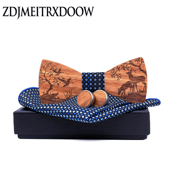 New arrival Wood Bowtie+Handkerchief+Cufflinks Sets Marriage Groom Wooden Bow Tie Bowknots Wedding Christmas elk Neck Ties