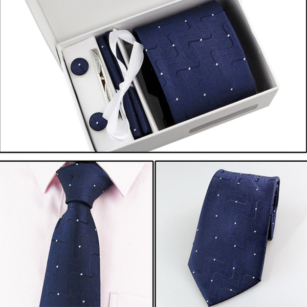 New Style 8CM Ties for Men Plaid Polka Dot Necktie Set Cufflink Pocket Square Handkerchief Hanky Suit Set Formal Business Tie