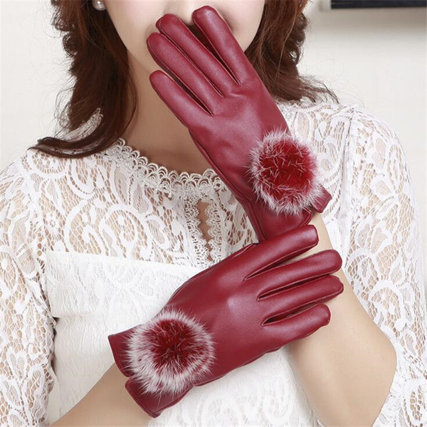 Gloves Fashion Women Lady Rabbit Fur PU Leather Gloves Driving Winter Warm cycling Sports Gloves Five Fingers Gloves 3 colors Christmas Gift