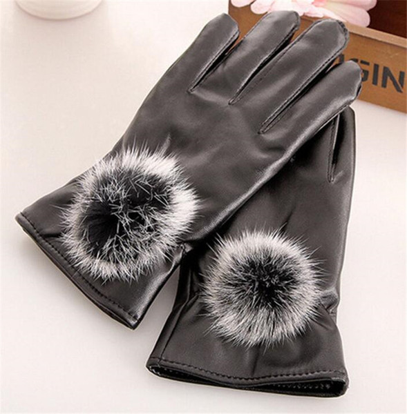 Rabbit Fur Ball PU Leather Gloves For Winter Brand Mitten Luvas Women Gloves Female Gloves