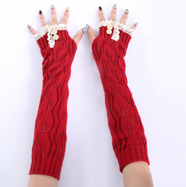 autumn and winter new leaves lace button knit wool warm fingerless half finger ladies long gloves