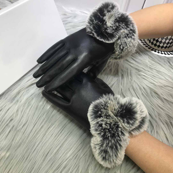 Top popular goatskin gloves Ladies' autumn and winter rabbit fur gloves plus velvet comfort warm leather mitten women Gauntlets original box