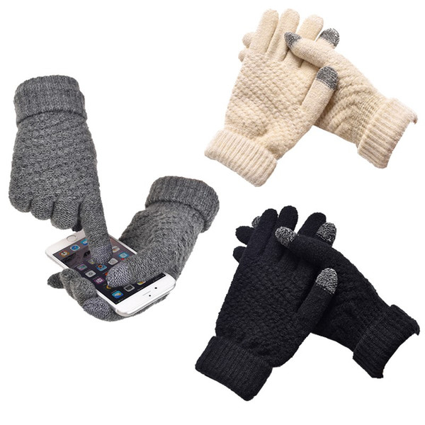 New Knitted Gloves For Womens Men Winter Warm Screen Sense Gloves Mittens Wool-Knitting Solid Thick Soft Luvas Plush Guantes