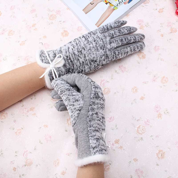 New Brand High Quality Women Winter Cotton Wool Gloves Elegant Warm Plush Bow Screen Sense Glove Mittens Cashmere Gloves