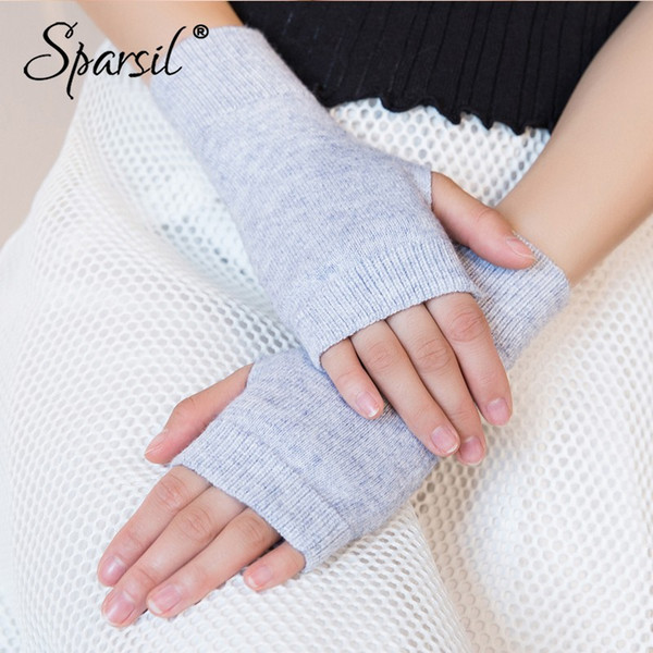 Sparsil Women Winter Knitted Fingerless Wool Glove Warm Solid Stretch Half Mitten Lady Knitting Short Cashmere Gloves For Female