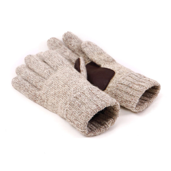 Mens Knit Five Fingers Gloves 2 Classic Color Beige Grey Winter Gloves 60% Wool And Real leather Antiskid Mittens