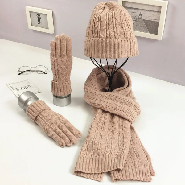 European and American autumn and winter fashion knitted wool three-piece set of pure color warm wool wool scarf glove suit