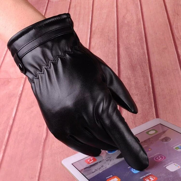 Fall and Winter Men's PU Skin Touch Screen Playing Mobile Phone Fashion Plushing Warm Wind-proof Long Finger Driving Cycling Gloves