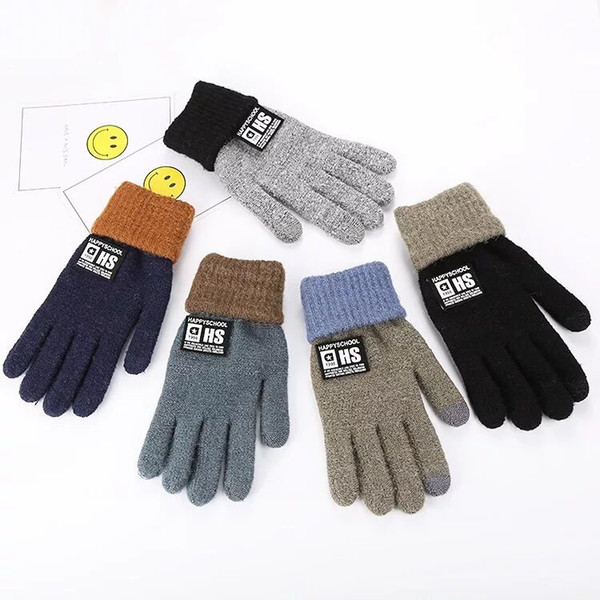 New Men's Knitted Touch Screen Gloves Korean Version Colour Split Fingerprint Plushing and Thickening Outdoor Riding Cold-proof Alphabet Lea