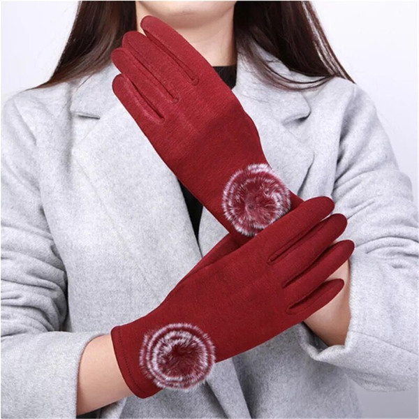 Autumn and winter ladies cashmere gloves new rabbit fur ball cute and velvet bicycle warm touch screen gloves