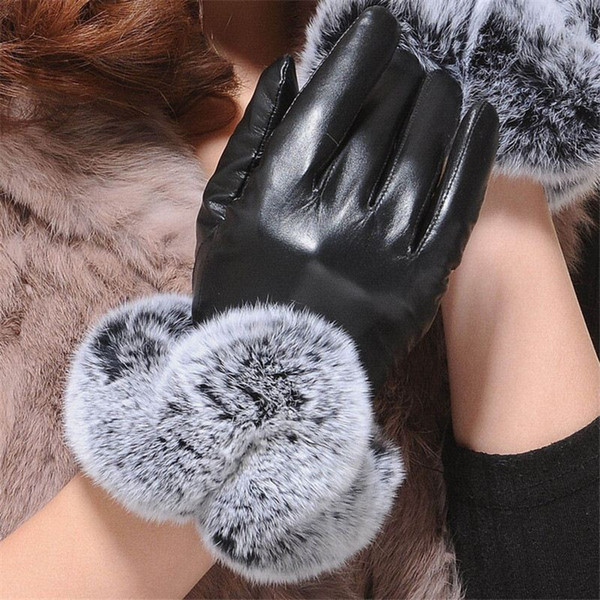 1 Pair 2018 Warm Elegant Faux Rabbit Fur PU Leather Gloves For Winter Gloves Brand Mitten Women Gloves