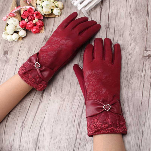 Autumn Winter Women Lace Screen Full Finger Gloves Girls Fashion Warm Bow Wrist Glove Female Anti-slip Mittens Mitaine Luvas