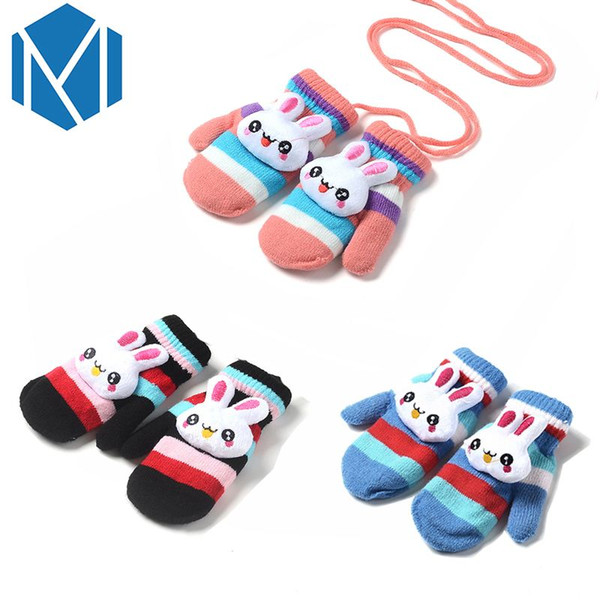 Children Cute Cartoon Rabbit Mitten Glove Boy Girl Stretchy Thickened Lanyard Luvas Kid Warm Winter Covered Finger Halter Gloves