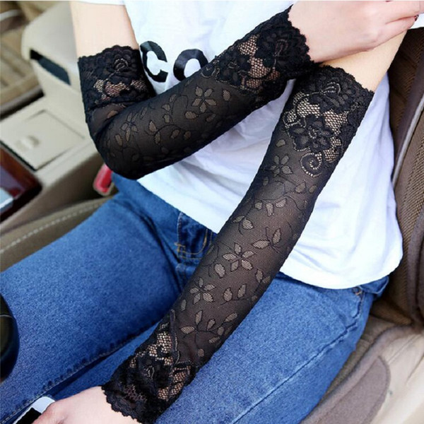 38CM Summer UV Protection Arm Sleeves Women Sexy Black Lace Floral Sleeve Arm Warmers Scar Cover Long Fingerless Driving Gloves