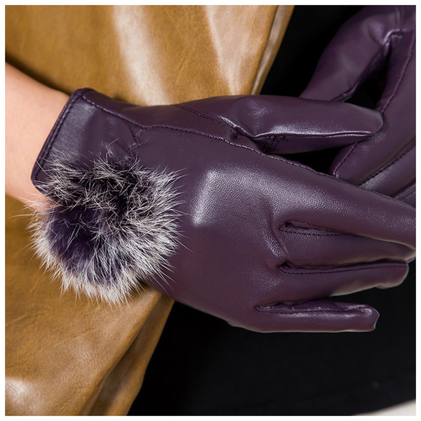 Women 's Fashion PU Leather Cashmere 3 Colors Warm Winter Gloves EleBeauty Gifts Purple