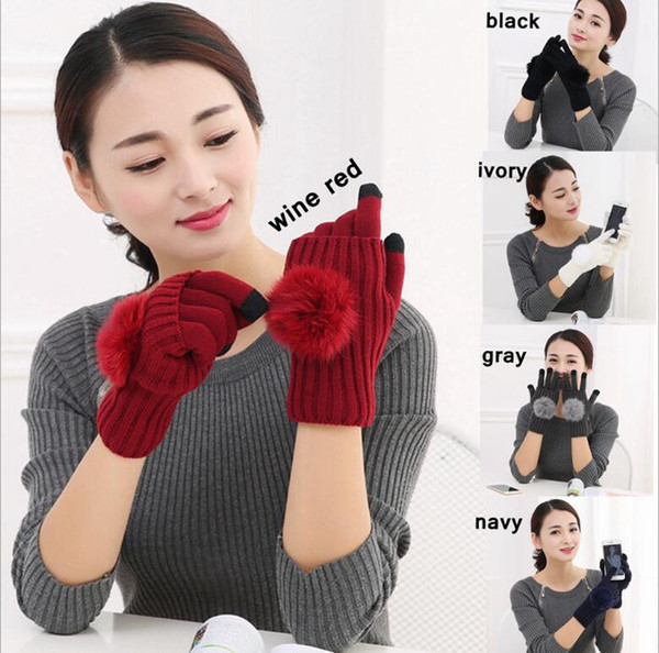 2017 Winter New Hair Ball Two-Piece Touch Screen Gloves For Girl And Women Korean Fashion Warm Half-Finger Gloves