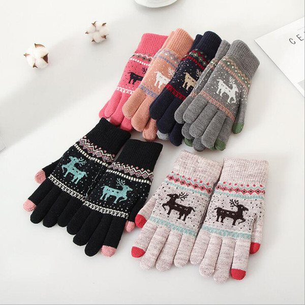 Wholesale Fashion Autumn Winter Lady Elk Jacquard Knit Gloves Touch Screen Five Finger Warm Woolen Gloves